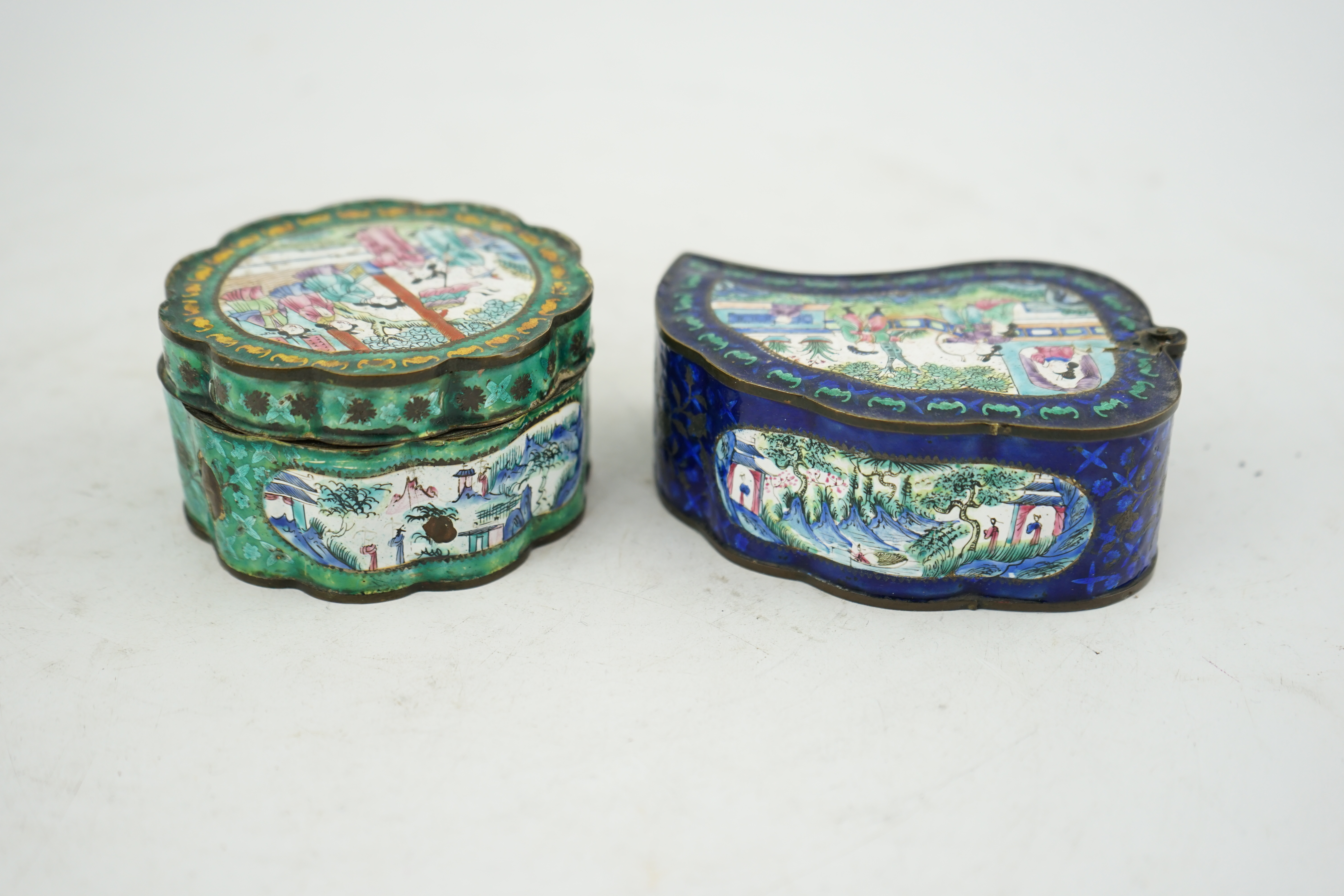 Two Chinese Guangzhou enamel boxes and a similar petal lobed dish, Daoguang period